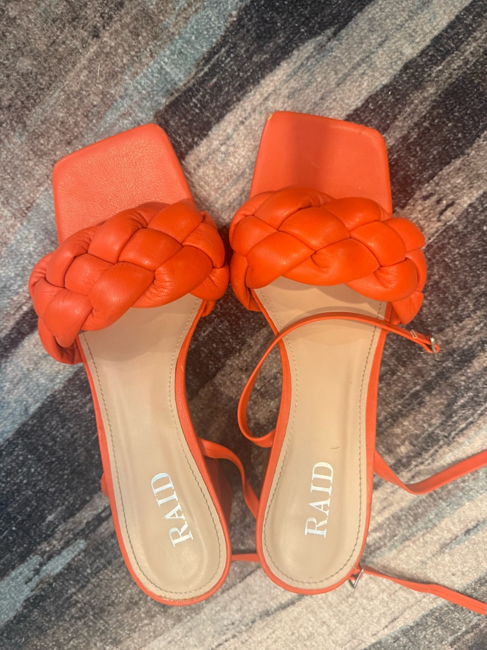RAID Orange Braided Strap Square-Toe Heeled Sandals